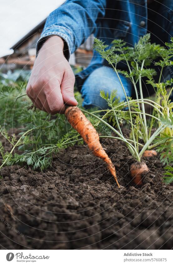 Fresh carrot harvest in an organic home garden hand soil fresh homegrown produce sustainable living vegetable agriculture cultivation pulling ground dirt food