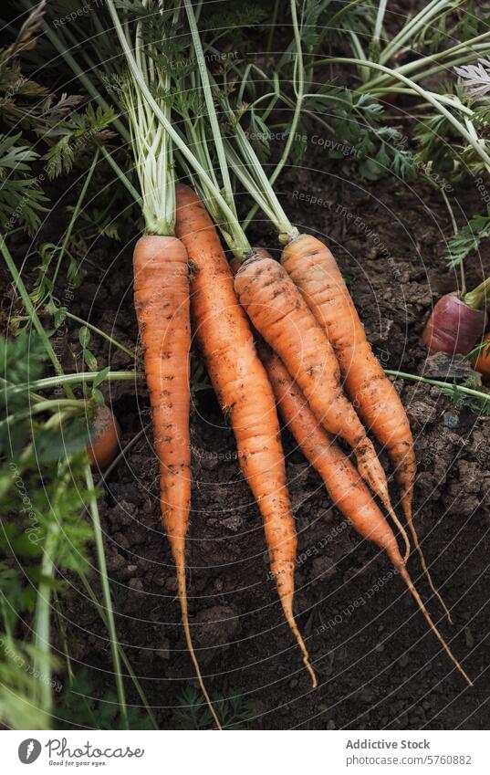 Freshly harvested carrots laying on garden soil vegetable organic agriculture farming fresh green top root earth ground healthy produce farm-to-table natural