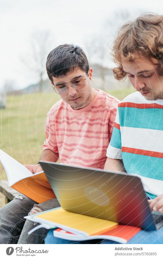 Two transgender men, a loving gay couple, are engrossed in their studies, surrounded by books and a laptop in a tranquil park study academic glasses focus