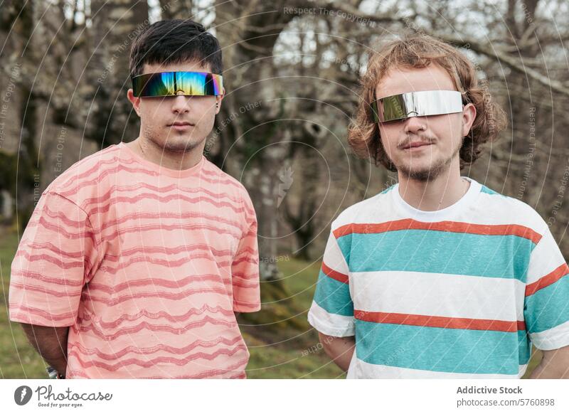 Two men stand side by side, exuding confidence and style in their bold mirrored sunglasses, set against a natural outdoor backdrop stylish confident fashion