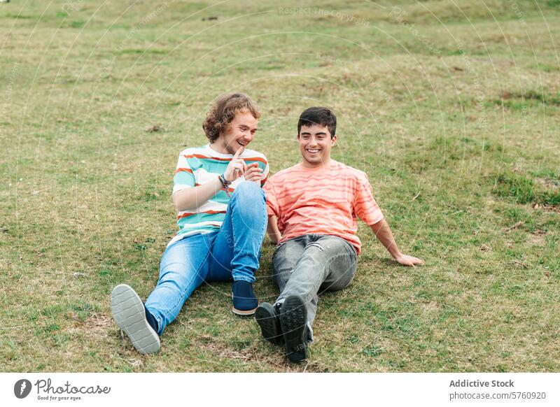 A gay couple, both transgender men, relax and share laughter on a grassy meadow, showcasing a warm, candid connection joy relaxation happiness bonding happy