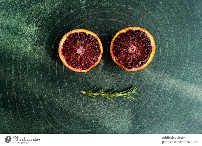 Fresh blood oranges and rosemary on green surface fruit citrus background texture fresh juicy half sliced food healthy natural vitamin c antioxidant sprig herb