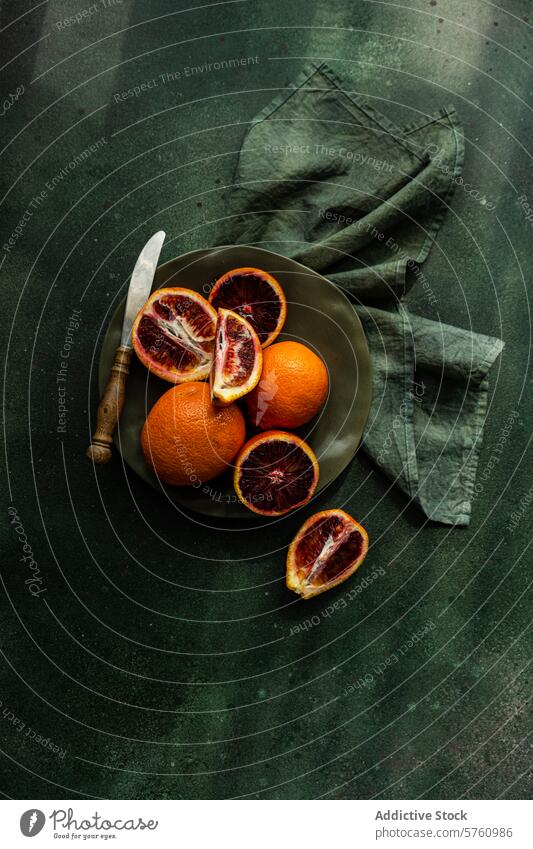 Fresh Blood Oranges with Rustic Knife on Dark Surface fruit blood orange knife bowl dark textured surface moody atmosphere vibrant citrus rustic still life food