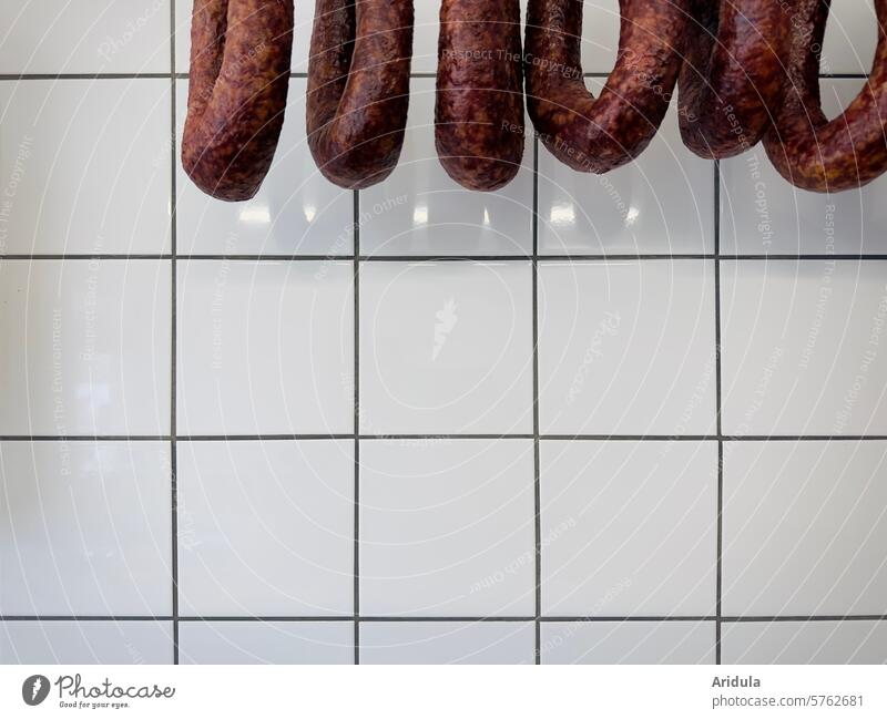 Salami rings in front of white tiles sausage Meat Butcher butcher Sausage Colour photo Nutrition Trade Animal Swine Eating Killing Farm animal Food Pork