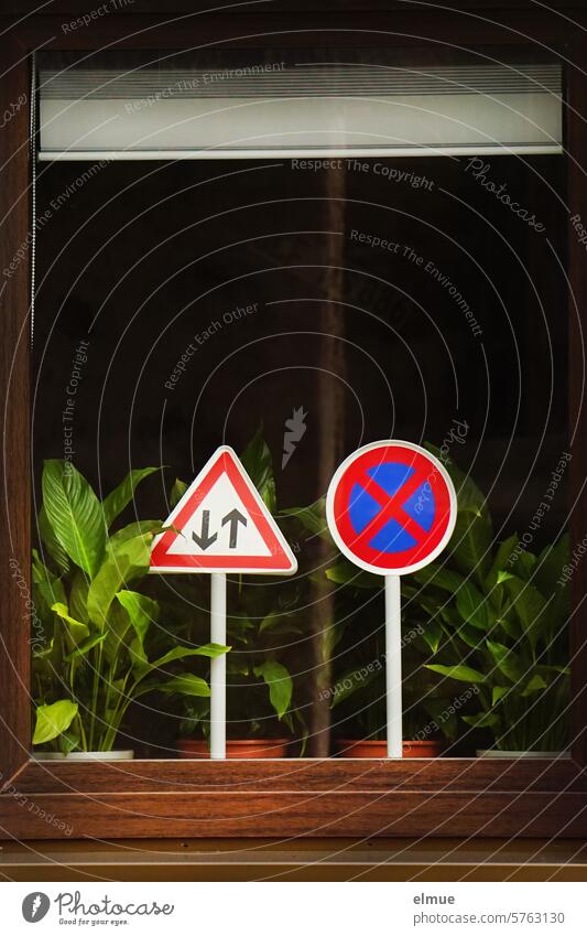 Two traffic signs in miniature next to green plants behind a window pane Window Road sign Ambiguity Green plants VZ oncoming traffic VZ 125 symbol