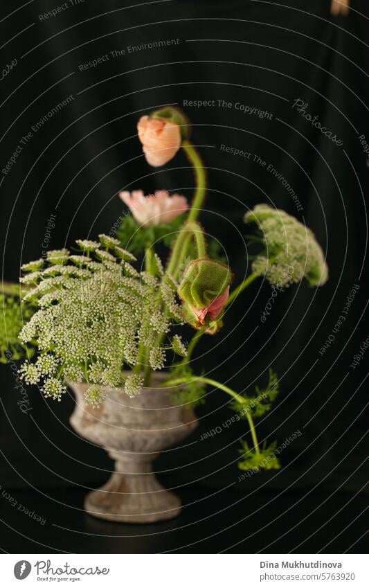 sophisticated intricate flowers bouquet in vase. Floral arrangement on black background. floral bloom blossom bunch nature decoration natural beautiful spring