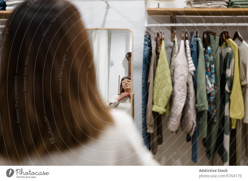 Woman Trying on Clothes for Spring Fashion woman mirror reflection trying clothes spring fashion outfit boutique changing room clothing rack garment seasonal