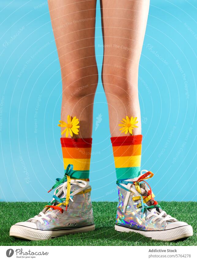 Vibrant Spring Fashion Details on Cropped Legs cropped unrecognizable anonymous faceless legs spring fashion vibrant striped socks sneakers colorful ribbons