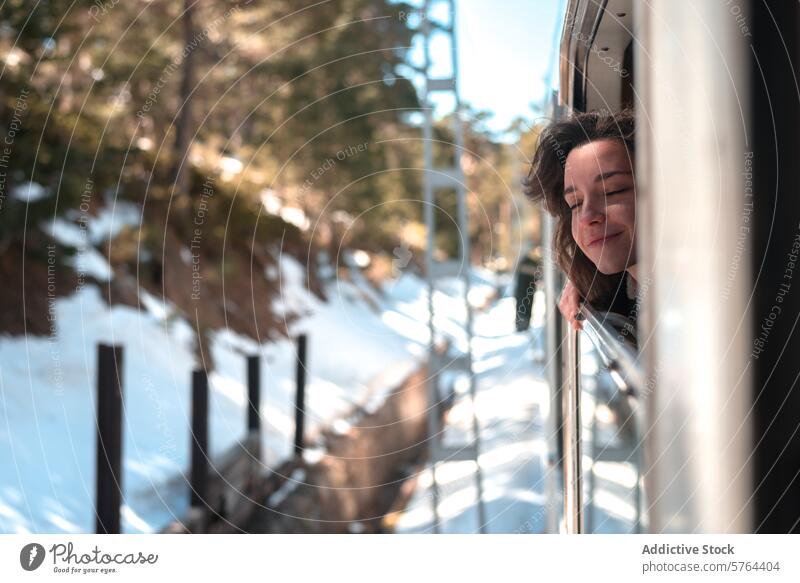 Woman gazing out of train window in winter woman view sunny day travel journey passenger transportation nature snowy forest youth enjoyment outdoors adventure