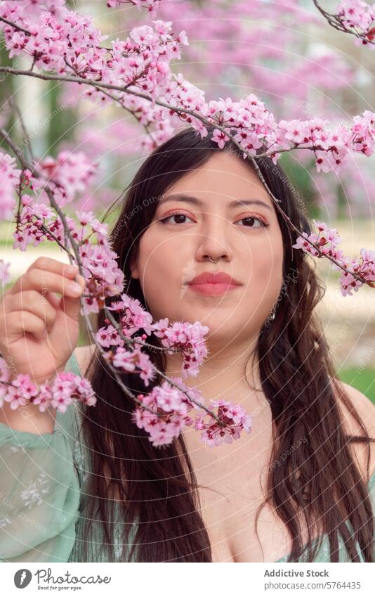 Young woman enjoying cherry blossoms in springtime garden blooming admiration touching nature flowers smiling happiness outdoor pink tree floral young adult