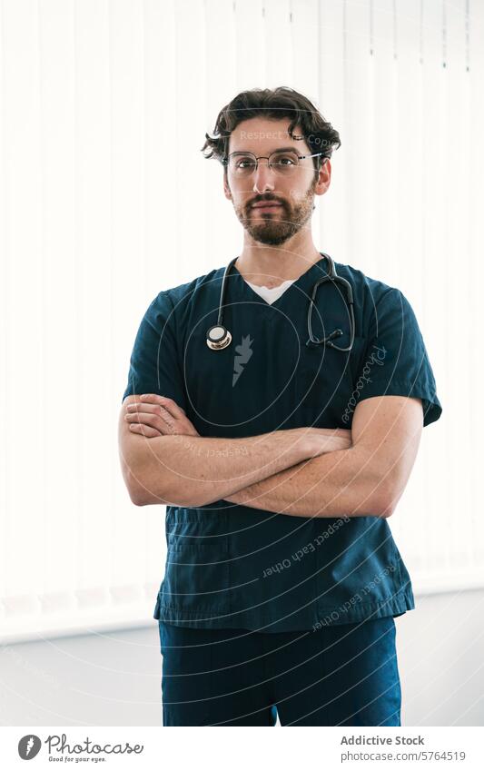 A determined male medical professional in navy blue scrubs crosses his arms confidently, equipped with a stethoscope healthcare standing arms crossed expert