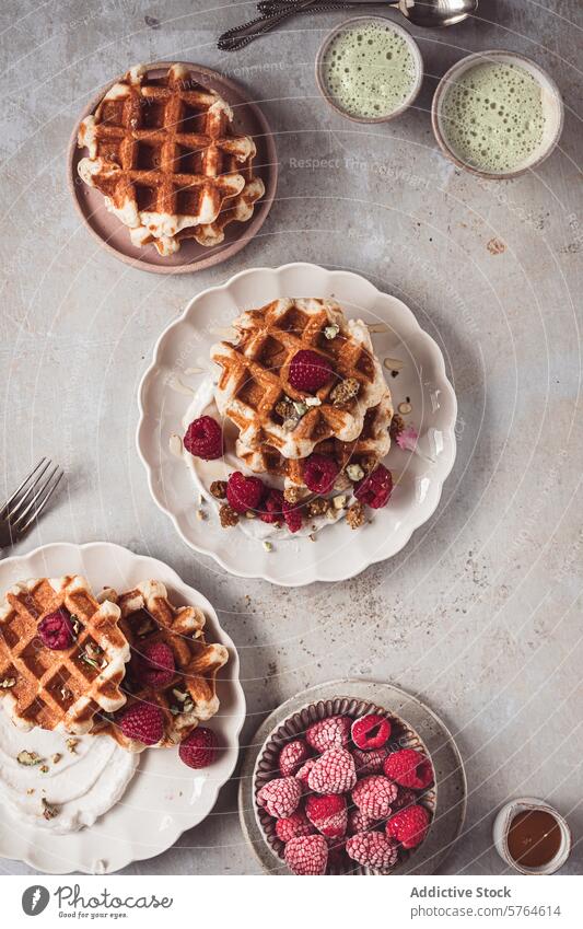 Scrumptious Waffles with Fresh Raspberries and Cream waffle raspberry whipped cream breakfast brunch smoothie baked freshness topping dessert plate fork sweet