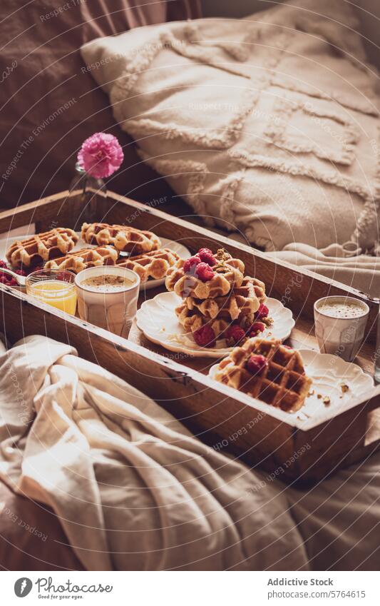 Cozy breakfast tray with waffles and coffee in bed juice raspberry blanket pillow cozy snug warm baked serving fresh topping home morning inviting comfortable