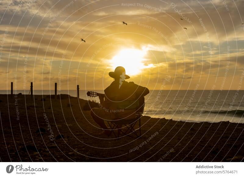 Sunset Serenade: A Nomadic Musician Finds Inspiration by the Sea silhouette musician guitar sunset sea inspiration nomadic creative lifestyle man horizon
