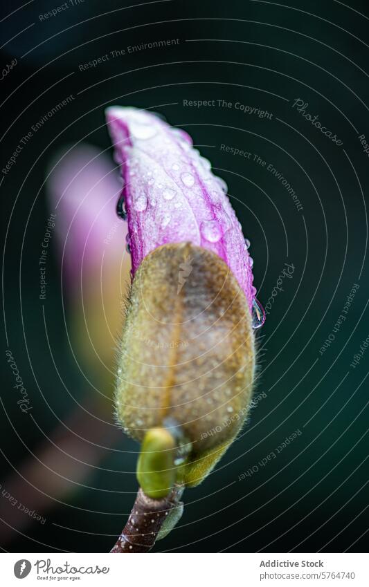 A magnolia bud captures the essence of a fresh rainfall with delicate water droplets adorning its petals. Generative AI flower bloom nature garden pink spring