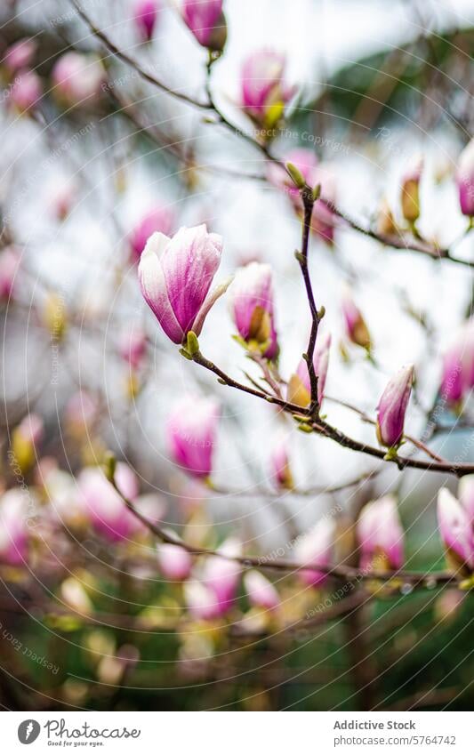 A dreamy depiction of magnolia blossoms gently opening, captured with a soft focus in a natural setting. Generative AI bloom flower spring petal botanical