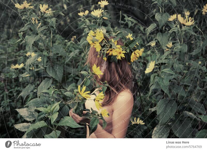 A gorgeous brunette woman in her bare skin is feeling moody and tender between these yellow flowers and green leaves. A nude girl with a garland without showing her face. It seems like an acid rain was falling just seconds ago.