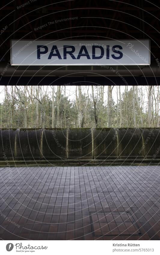stop in paradise Paradisical writing sign Stop (public transport) Railway station Metro station Platform Train station Station Wall (barrier) Forest bleak