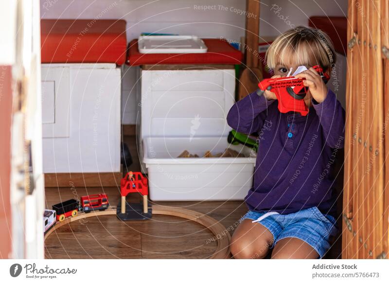 Young boy playing inside a family van home toy interior living space compact alternative lifestyle nomadic simple travel mobile house child playful imagination
