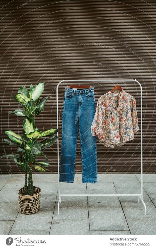A trendy fashion display pairs classic blue jeans with a vibrant patterned shirt, set against an urban backdrop with green foliage denim rack garment shop