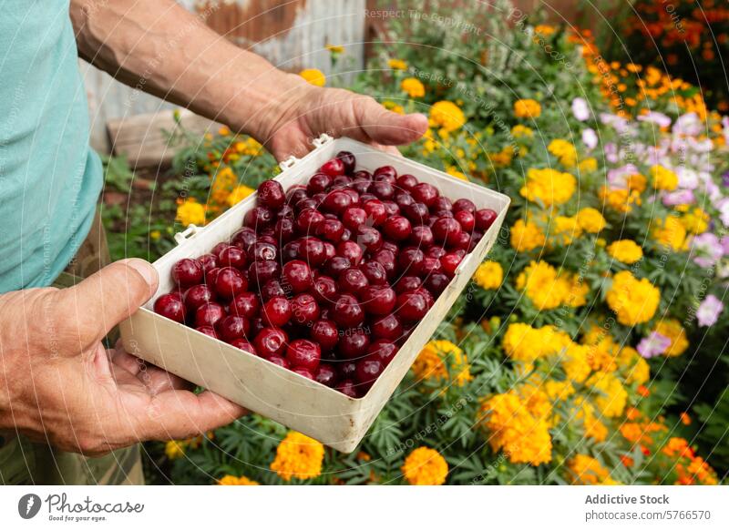Freshly picked cherries held in a garden setting cherry hand fresh fruit harvest ripe container flower background natural beauty holding colorful organic food