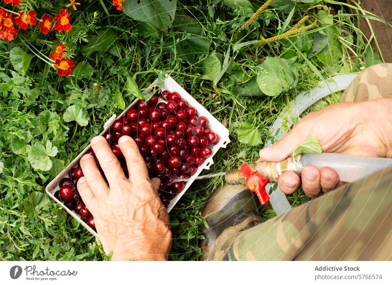 Anonymous man watering freshly picked cherries in a basket hand anonymous cherry grass water hose ripe red picking greenery fruit nurture care harvest gardening