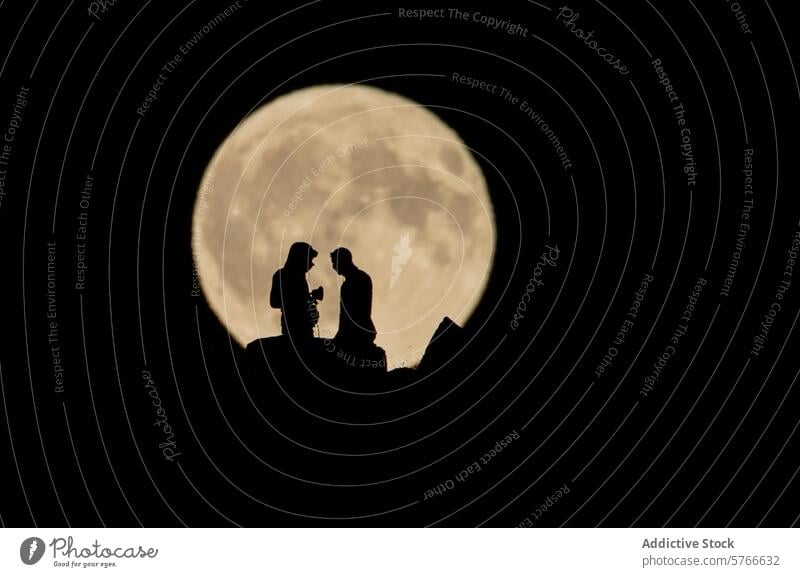 A romantic silhouette of a couple on a cliff, sharing a moment under the magnificent full moon, creating an intimate and surreal atmosphere night intimacy love