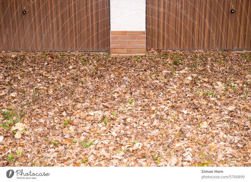 the ground in front of a double garage is covered with a thick layer of dry leaves Dry foliage Brown tones Highway ramp (entrance) Covered Garage Garage door