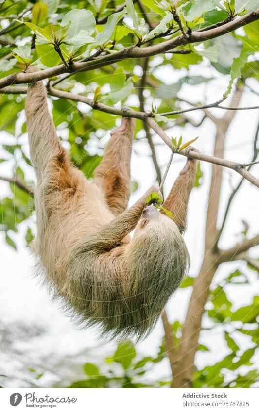 Sloth hangs from a tree branch in Costa Rica sloth costa rica upside down foliage serene meal wildlife animal mammal nature tropical central america green