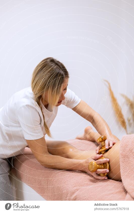 Therapist performing a massage with wooden tools adult anti anti-cellulite beauty body body care body part bodycare circulation client copy space eliminate