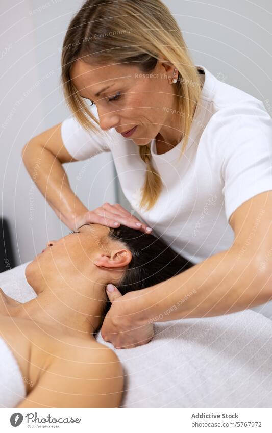 Professional masseuse giving a relaxing head massage adult alternative medicine beauty body care bodycare caucasian enjoyment eyes closed face facial female