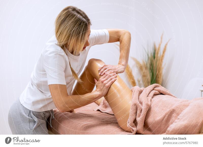 Physiotherapist performing a leg massage on a patient adult body body care calf cellulite chiropractic feet foot girl hand healer health health care lying