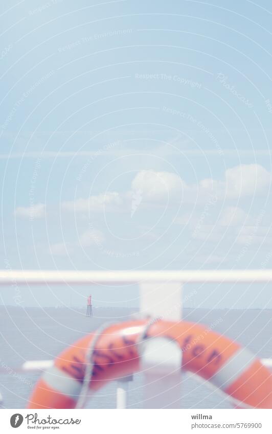 Lifebuoy on the white railing, summer on the North Sea Sea voyage boat trip vacation Railing Life belt Bright Vacation & Travel Beautiful weather ship White