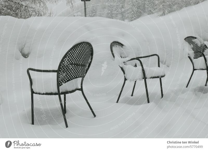 unusable | snow-covered terrace with snow-covered chairs snowed over snowy Terrace Patio chairs onset of winter Winter Cold Snow Winter's day Winter mood White