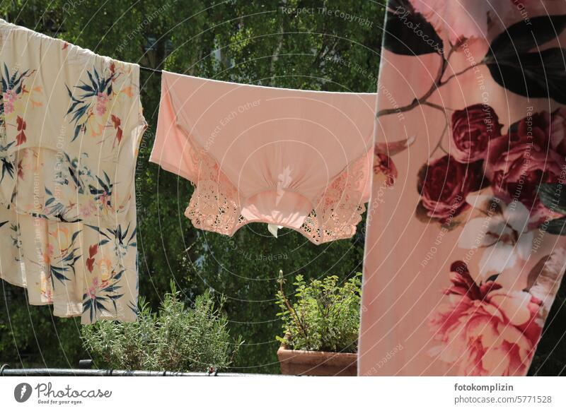 Flowery laundry on a washing line Laundry clothesline Balcony herbs Herb pots flowery Dry Washing Living or residing Washing day romantic feminine garments Air