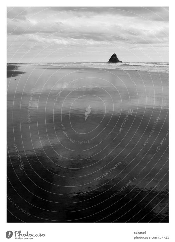 Wai Karekare Beach Low tide Ocean Reflection Black White Clouds Storm Gale Passion Gloomy Dreary Calm Far-off places Loneliness Empty High tide Sky sea water
