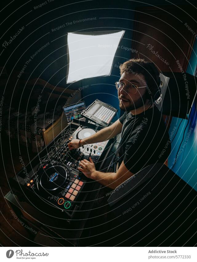 Intense focus as DJ creates music in home studio dj male young mixing turntable audio equipment sound producer production beat headphone technology mixer