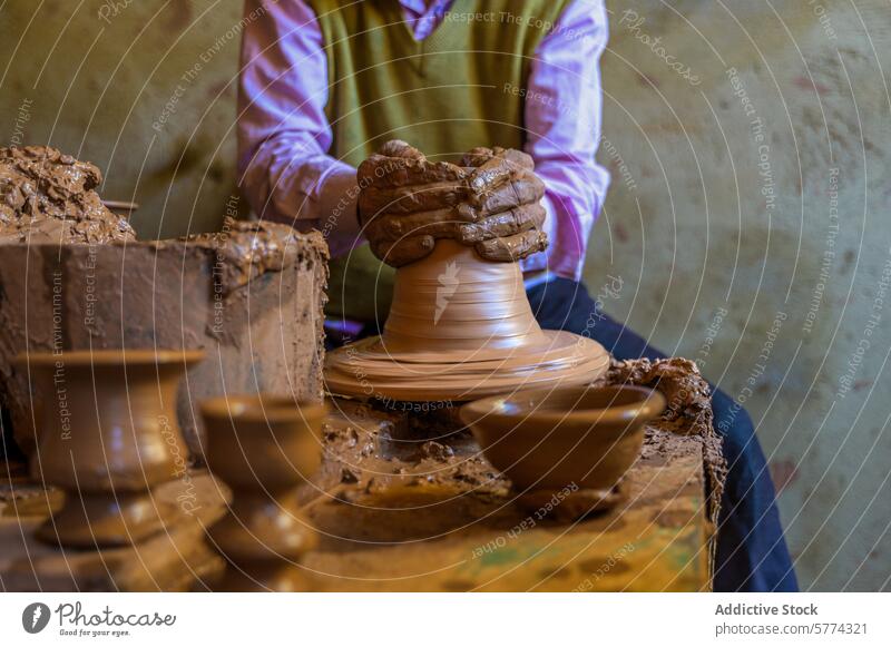 Artisan shaping clay on pottery wheel in workshop artisan craft mold hands indo-moroccan traditional skilled spinning wet rustic handmade ceramic earthenware