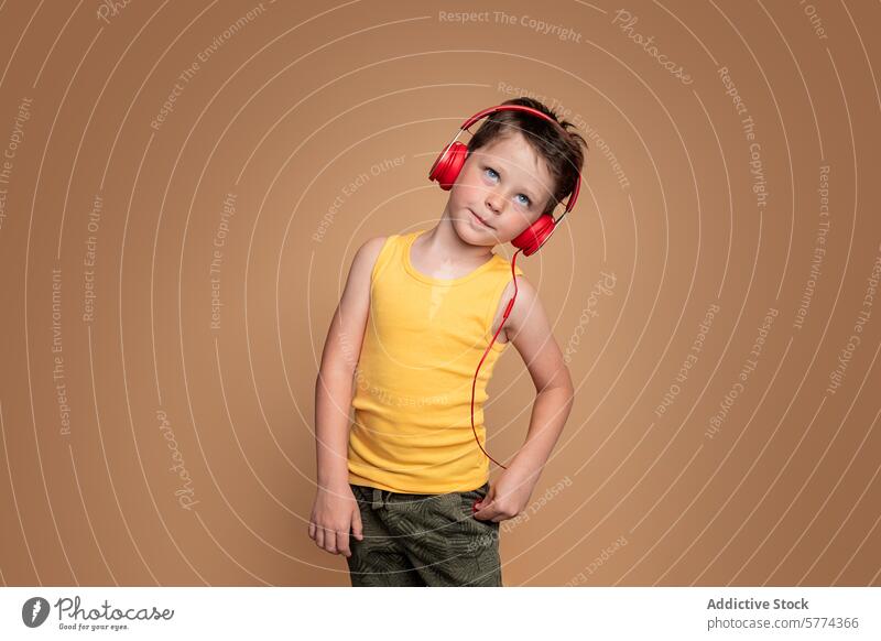 Boy in yellow tank top enjoying music with red headphones child listening boy cute audio entertainment posing enjoyment leisure kid young brown background