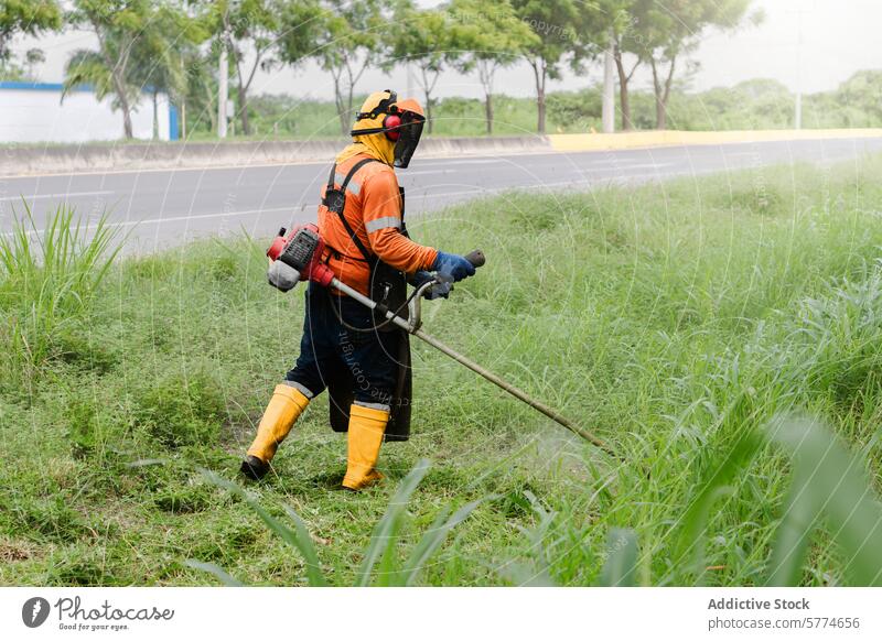 Landscaper Trimming Overgrown Grass with Machinery landscaper trimming grass machinery brushcutter protective gear worker maintenance road safety equipment