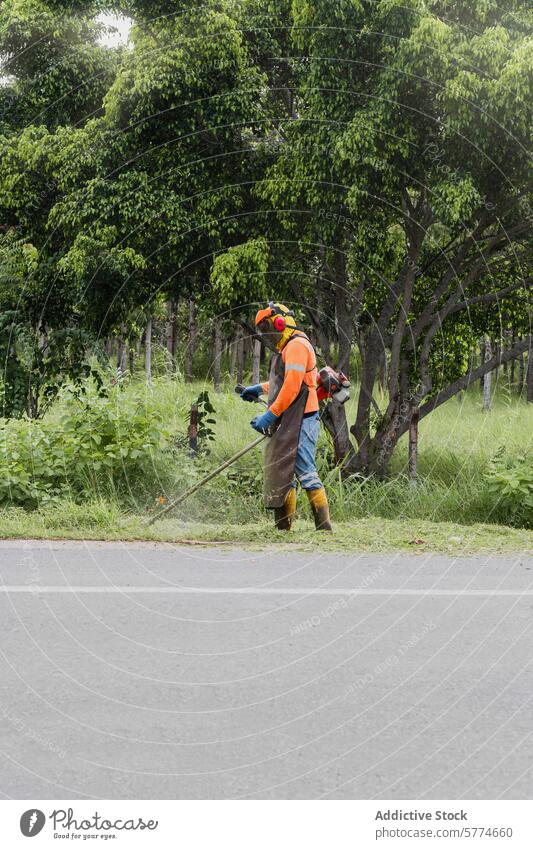 Worker using a string trimmer to clear grass roadside worker safety gear cutting trees background outdoor labor maintenance vegetation greenery daytime manual