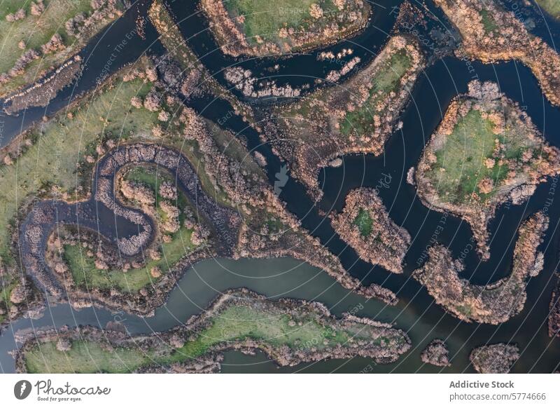 Meandering Ciguera River from Aerial View, Ciudad Real, Spain aerial river ciguera serpentine curve meander water landscape nature spain ciudad real intricate