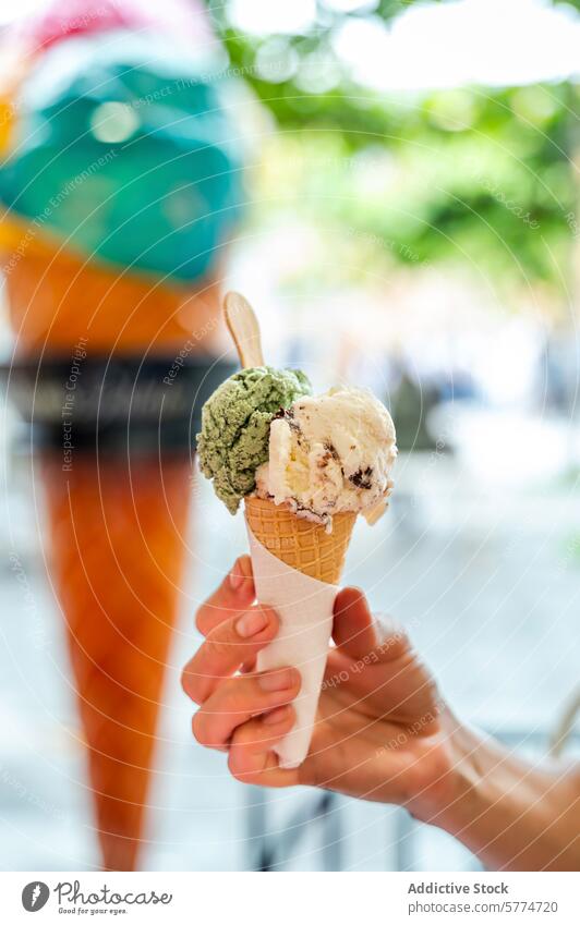 Refreshing ice cream cone in a tropical setting hand scoop summer treat indulgence cold dessert sweet frozen refreshment snack dairy creamy flavor delight bali