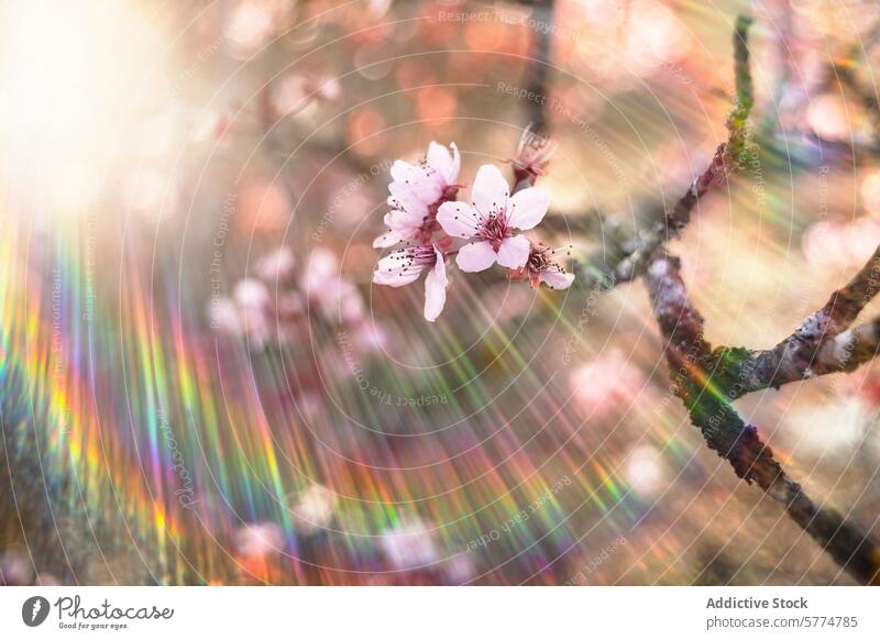 Dreamy almond bloom with rainbow prism effect blossom flower spring bokeh light dreamy serene nature flora petal branch tree soft delicate beautiful pastel