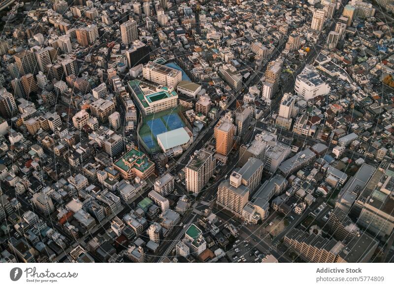 Aerial view of dense Tokyo cityscape at dusk tokyo aerial view japan urban building architecture travel sunset sprawling overhead glow city life metropolis