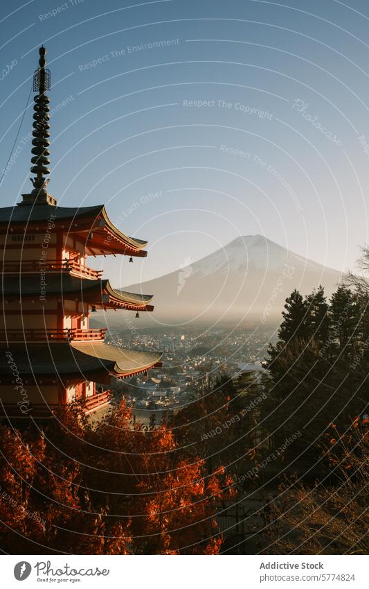 Sunrise at a Japanese Pagoda with Mount Fuji japan travel sunrise pagoda mount fuji landscape serenity tradition culture architecture tourism heritage scenic