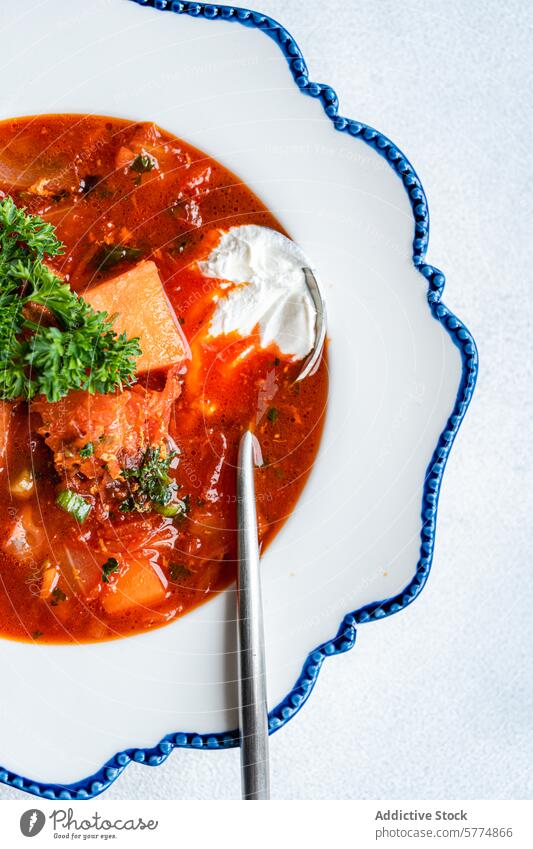 Traditional Ukrainian borscht served with sour cream ukrainian beetroot soup meat parsley garnish traditional dish cuisine vibrant bowl serving cooked homemade