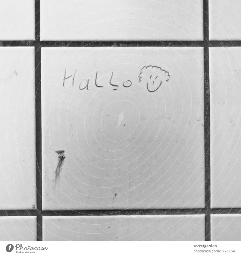 Hello was here :) tiles tile mirror Crucifix Sanitary Small inconspicuous Banal handcrafted Public restroom Design Craft (trade) Sanitary facilities hygiene