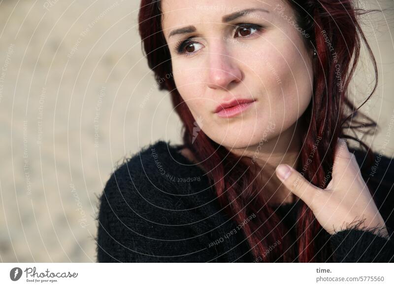 Woman with wanderlust portrait Wanderlust Dark-haired Sweater Sand Looking Half-profile Long-haired Hand Feminine