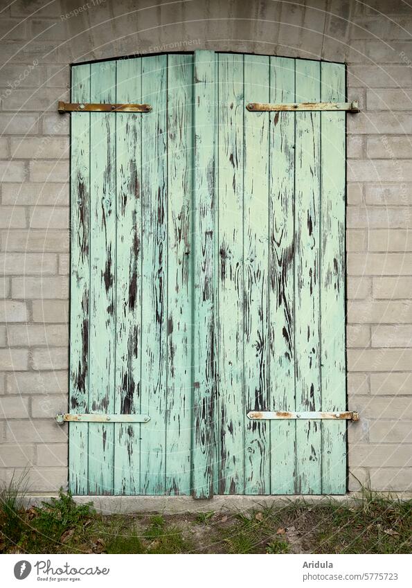 Green shabby chic door Shabby Chic Goal Wall (building) Wall (barrier) Turquoise Colour chipped paint Structures and shapes Detail Building Wood Facade Old
